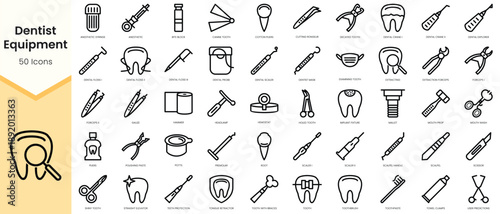 Set of dentist equipment icons. Simple line art style icons pack. Vector illustration