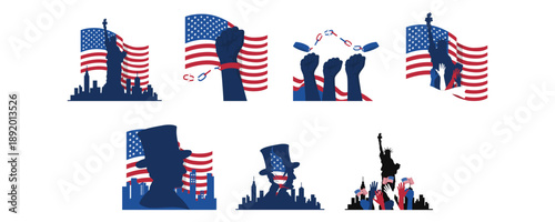 Set of freedom day illustration. Natiotan US freedom day, statue of liberty, lincoln, america skyline vector isolated.
