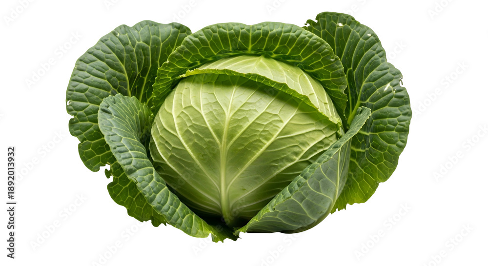 Obraz premium A close-up of a fresh green cabbage head with outer leaves, isolated on black