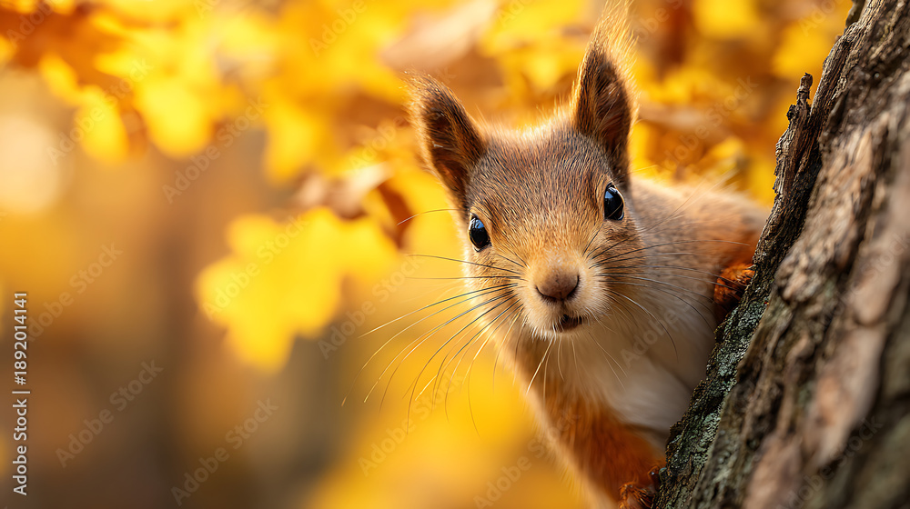 Fototapeta premium Squirrel peeking from behind tree trunk with yellow autumn bokeh background