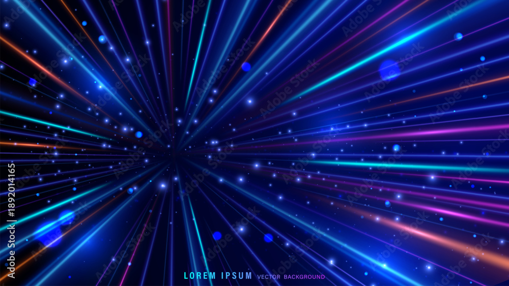Fototapeta premium Abstract blue neon light speed vector background. Futuristic hyperspace motion blur rays with bokeh
