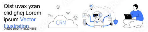 Business automation, CRM tools, cloud technology, workflow optimization, digital transformation, AI interaction. Robot managing cloud CRM tasks, user operating laptop. Business automation and CRM