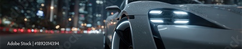 Futuristic hydrogen fuel nozzle connected to a matte white electric vehicle glowing softly at night with rain and blurred city lights.