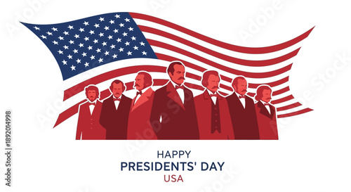 Illustration of American presidents with a waving USA flag on Presidents' Day, featuring a group of characters in a sketch style design.
