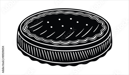 Stylized Black and White Illustration of a Round Pie or Tart with Decorative Crust and Topping