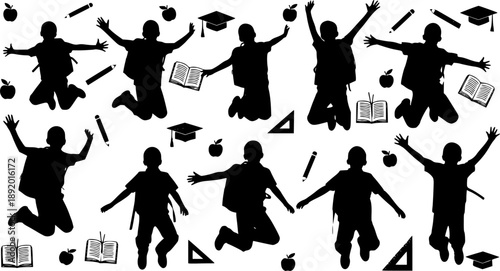 Happy schoolboy silhouettes with backpack jumping for joy set. Isolated kid student leaping in excitement, back to school concept and education icons.