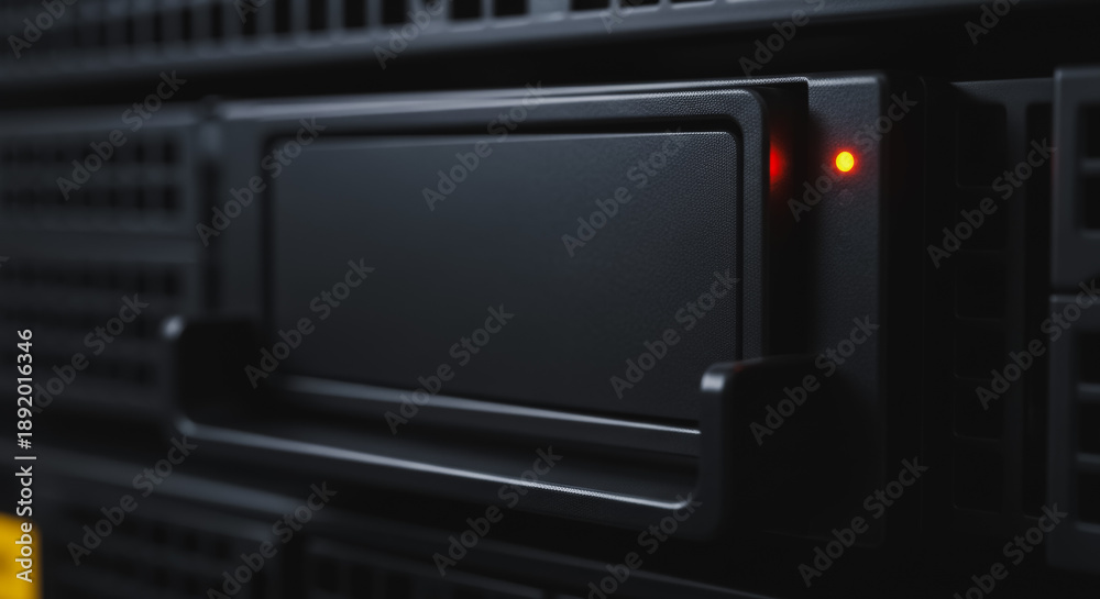 Obraz premium Close-up of a server hard drive or SSD bay in a data center rack, showing a red/amber indicator light signaling status, activity, or potential system failure and critical IT infrastructure.