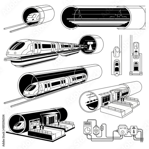 Modern high-speed train network illustration showcasing underground tunnels and futuristic transportation, perfect for urban planning and transport technology themes