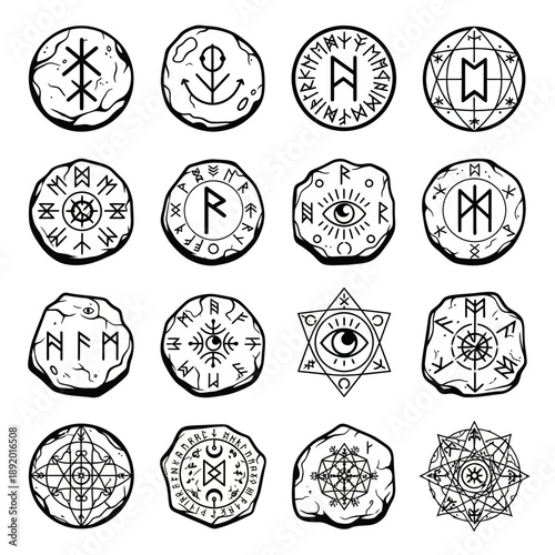 Mystical rune stones and symbols, a collection of esoteric designs for spiritual practices, perfect for graphic design, tattoos, and pagan rituals