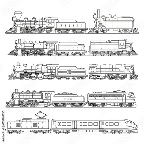Detailed line art showcases a series of vintage and modern trains, perfect for transportation history enthusiasts and design projects, originally a scalable graphic