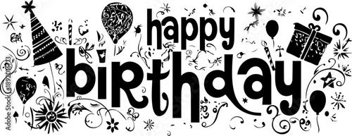 Birthday Wishes in Silhouette: A cheerful banner spells out Happy Birthday, adorned with festive elements such as balloons, gifts, and party hats.