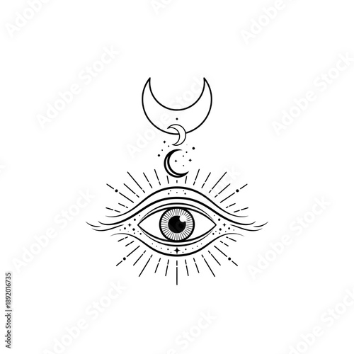 Mystical All-Seeing Eye with Celestial Moons and Stars