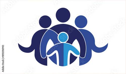 Abstract Blue People Group Silhouette Embracing in Unity and Support, Representing Community and Family