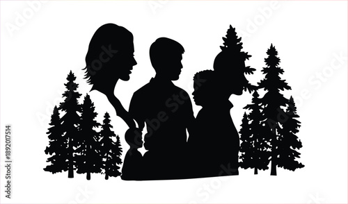 Silhouette of a family with children and pine trees in a forest setting