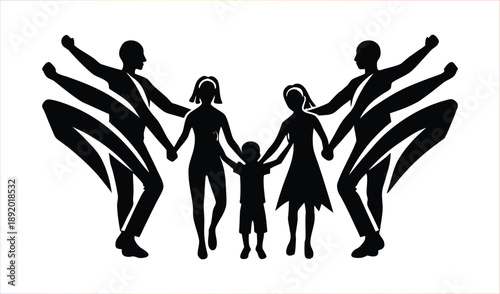Stylized Black Silhouette of a Diverse Family Holding Hands and Dancing Together Joyfully