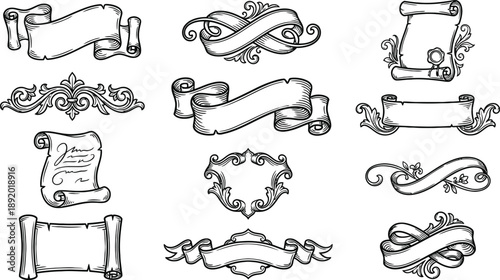 Set of antique-style hand-drawn vector banners, intricate scrolls, and decorative ornamental frames, ideal for high-quality graphic design EPS files