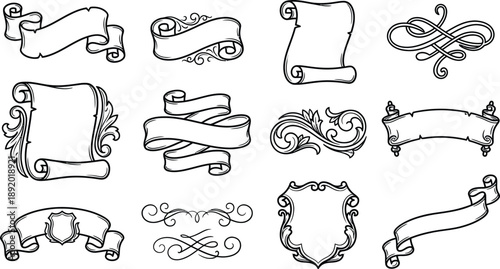 Collection of Ornate Vintage Hand-Drawn Scroll and Banner Vector Elements for Elegant Graphic Design Projects