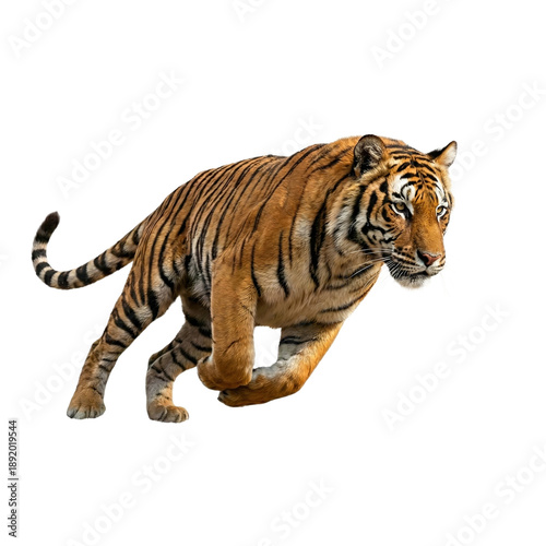 Running Bengal tiger on transparent background.