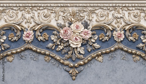 Ornate classical bas-relief carving features elaborate floral arrangement on textured background