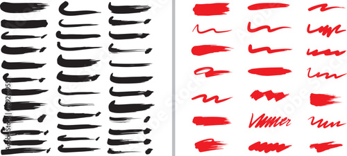 PrintA comprehensive set of artistic brush strokes and decorative underlines. Featuring bold black ink sweeps and vibrant red jagged scribbles, ideal for hand-drawn accents and creative design.