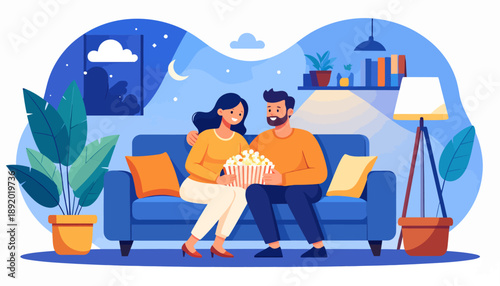 Happy young couple enjoying a cozy movie night at home, sharing popcorn and relaxing on the sofa in their comfortable living room during an evening of leisure and entertainment