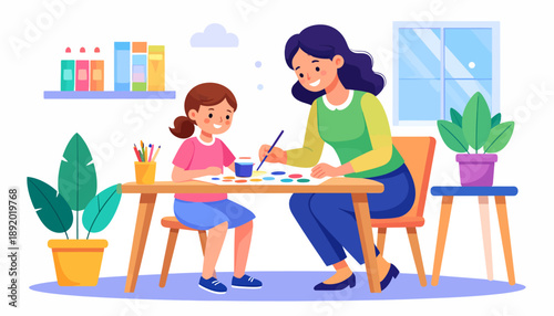 A mother and daughter enjoying a creative art session together, painting and bonding