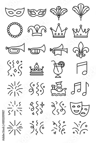 Mega Set of 40 Mardi Gras Carnival Outline Vector Icons