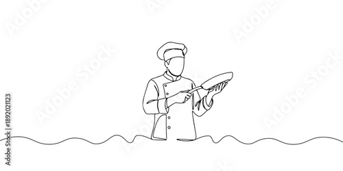 Continuous one line drawing of a cook lifting a frying pan with enthusiasm, representing hard work in the kitchen, labor day, line art style vector illustration.