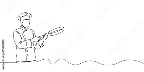 Continuous one line drawing of a cook lifting a frying pan with enthusiasm, representing hard work in the kitchen, labor day, line art style vector illustration.