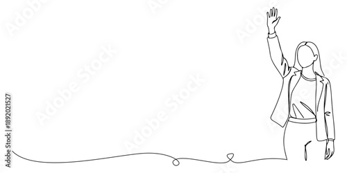Continuous one line drawing of a working woman raising her hand confidently, representing strength and independence, labor day, line art style vector illustration.
