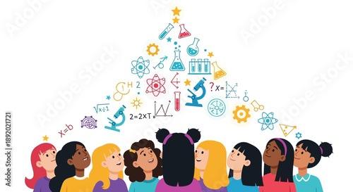 Illustration of diverse women and girls in science-themed designs against a white background, celebrating International Day of Women and Girls in Science with colorful symbols.