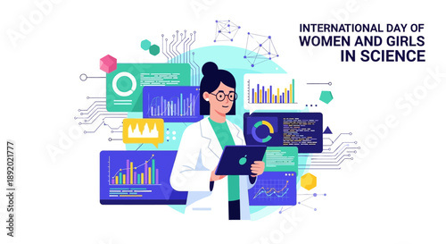 Illustration of a woman in a lab coat holding a tablet surrounded by colorful science and data graphics on International Day of Women and Girls in Science
