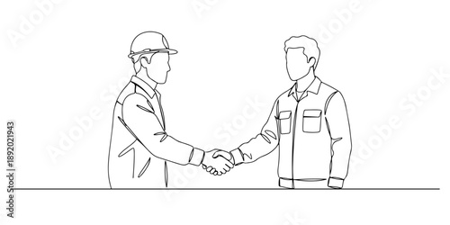 Continuous one line drawing of two workers shaking hands tightly, representing workers solidarity, labor day, line art style vector illustration.