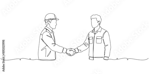 Continuous one line drawing of two workers shaking hands tightly, representing workers solidarity, labor day, line art style vector illustration.