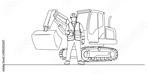 Continuous one line drawing of a factory worker with heavy equipment, representing dedication and strength of work, labor day, line art style vector illustration.