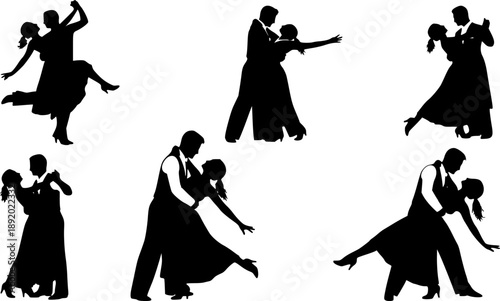Silhouettes of romantic couple isolated on white background collection set. Happy couple dancing together vector silhouette set