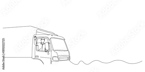 Continuous one line drawing of a truck driver waving from the window, representing the vital role in distribution, labor day, line art style vector illustration.