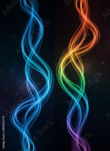 Abstract Neon Light Ribbons in Dual Color Composition on Dark Background