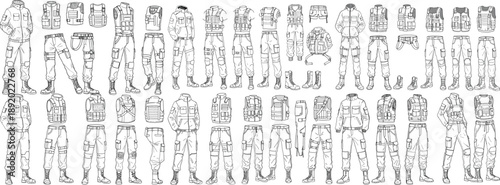 A collection of tactical clothing designs featuring various vests and pants styles for outdoor enthusiasts.