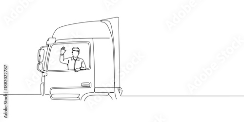 Continuous one line drawing of a truck driver waving from the window, representing the vital role in distribution, labor day, line art style vector illustration.