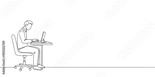 Continuous one line drawing of an office worker sitting working seriously, representing intellectual contribution in work, labor day, line art style vector illustration.
