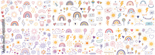 Wallpaper Mural A colorful collage of whimsical doodles featuring rainbows, clouds, suns, and playful icons. Torontodigital.ca