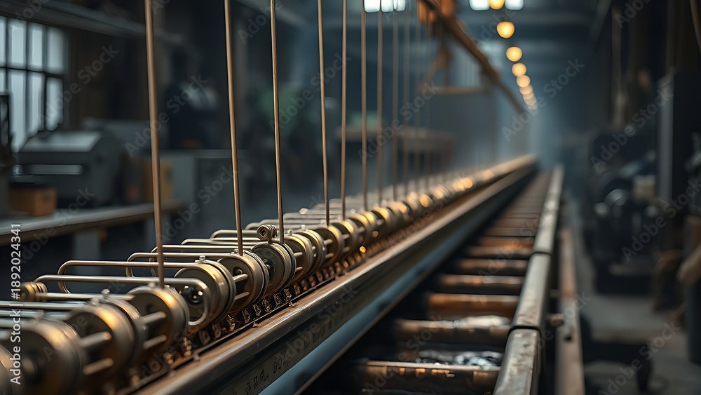 Obraz premium electroplating. Electroplating workshop with cathode rods moving over chemical baths. safety posters, maintenance manuals, designed for industrial assembly lines and welding operations.