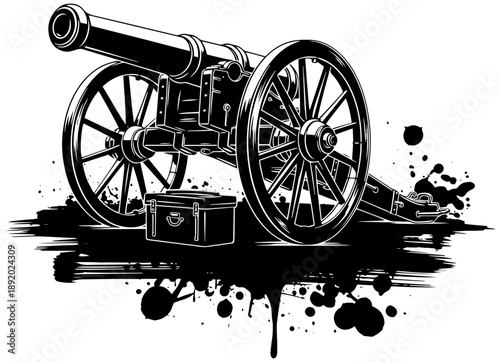 Vintage cannon with ammunition box in dramatic black and white