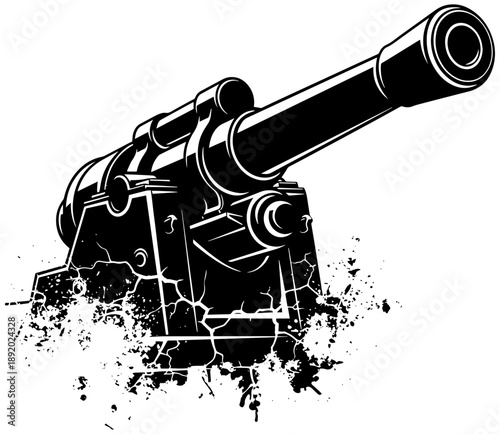 Powerful cannon firing with explosive effect in black and white