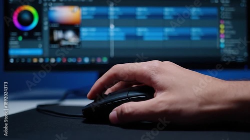 Close up of hand using computer mouse editing video on timeline.