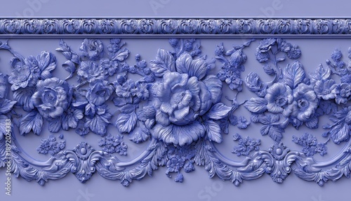 Elaborate sculpted floral border molding displays rich three dimensional detail in monochrome blue