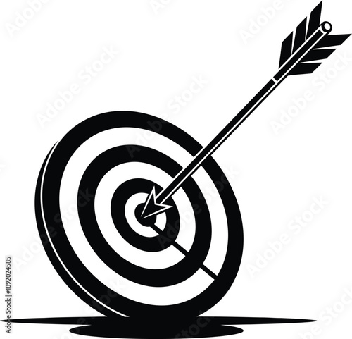 Target practice with arrow hitting the bullseye in black and white vector illustration