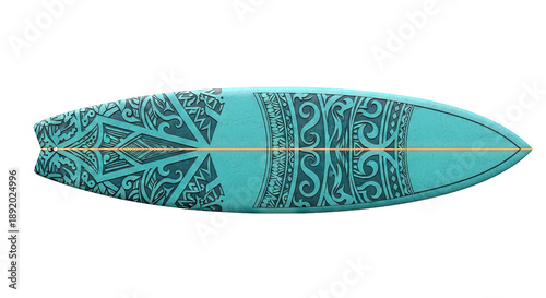 Teal Surfboard with Intricate Polynesian Tattoo Design