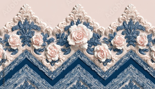 Ornate three dimensional border design features sculpted roses and intricate scrolling accents